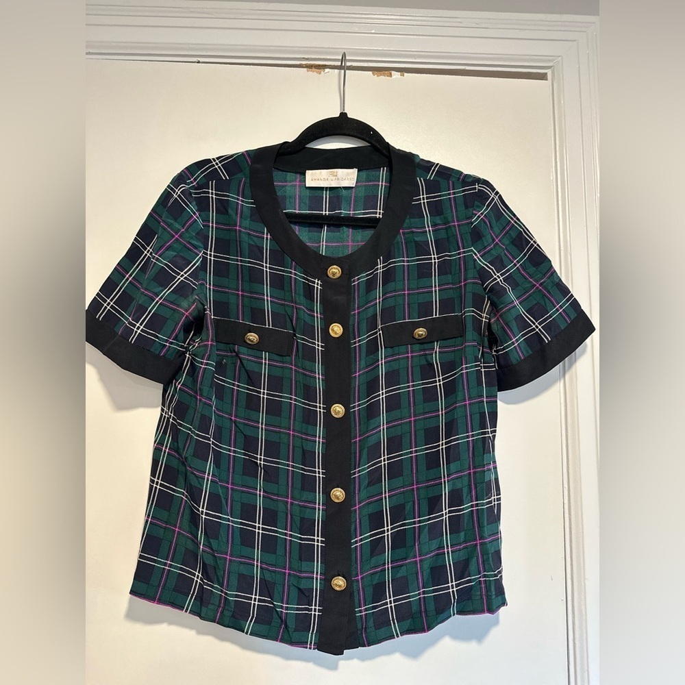 Amanda Uprichard Woman’s Sz:M Silk Plaid Short‎ Sleeve Blouse Top Gold Buttons